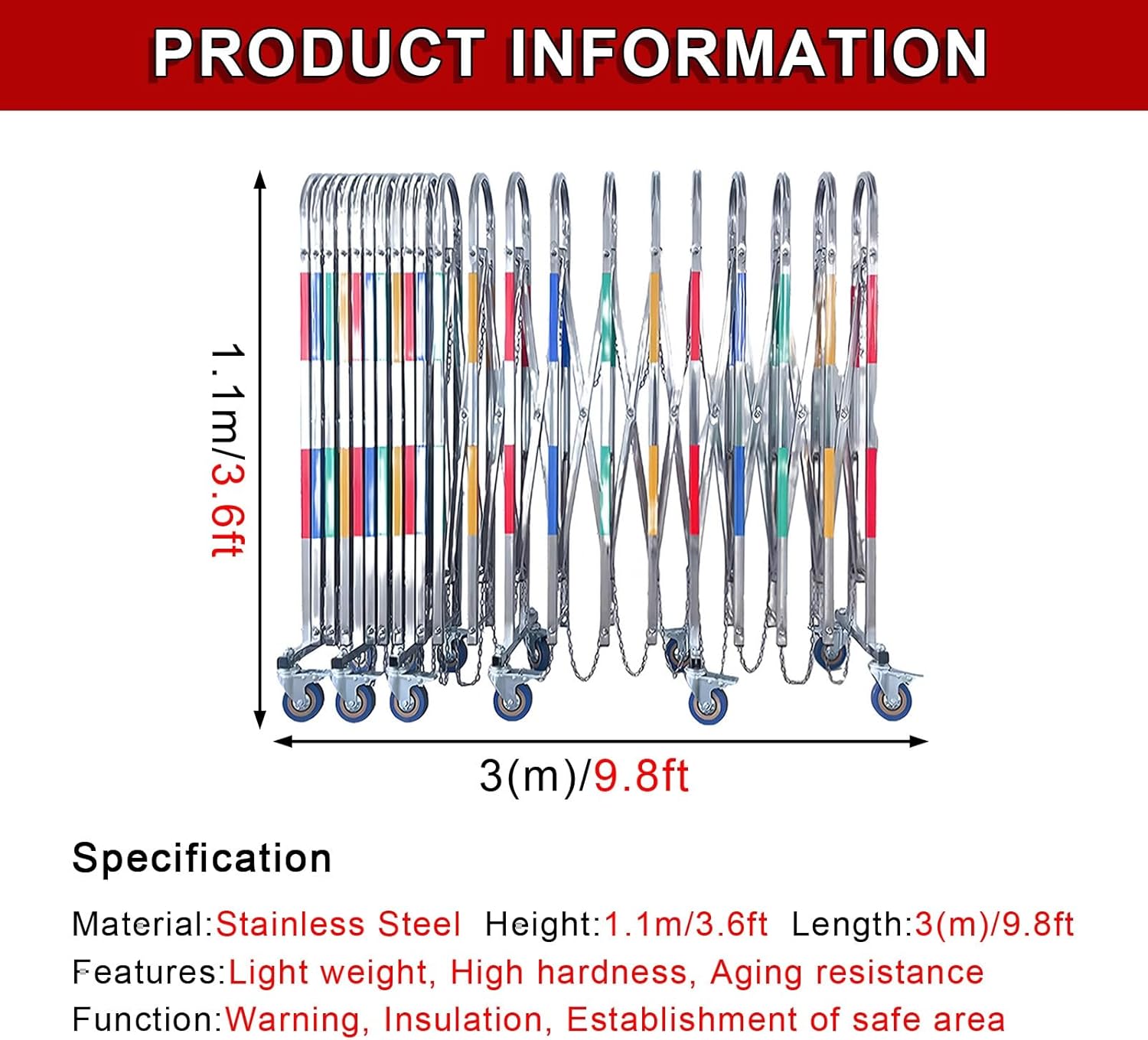 Folding Safety Barricades Stainless Steel Expandable with Casters for School Construction Site Garage Road (3.6x9.8ft)