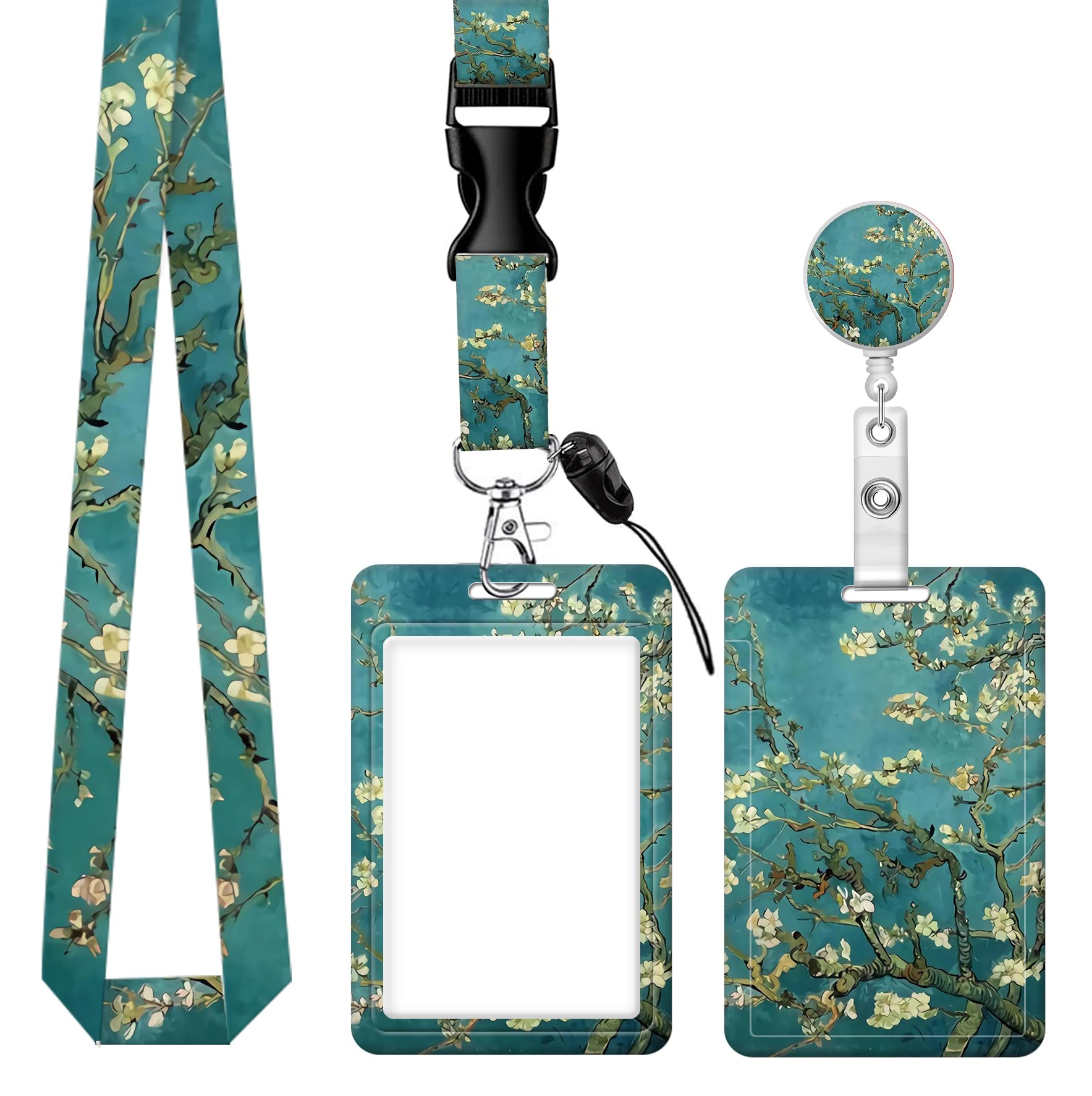 Retractable Badge Reel With Carabiner Clip - ID Holder For Work, Nurse, Teacher (Watercolor Green Leaf)