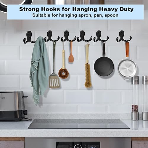 Miniatura 4 de Kruodop Paquete de 4 ganchos de pared para colgar abrigos, resistentes, ganchos negros para toallas, colgador doble de metal con tornillos retro