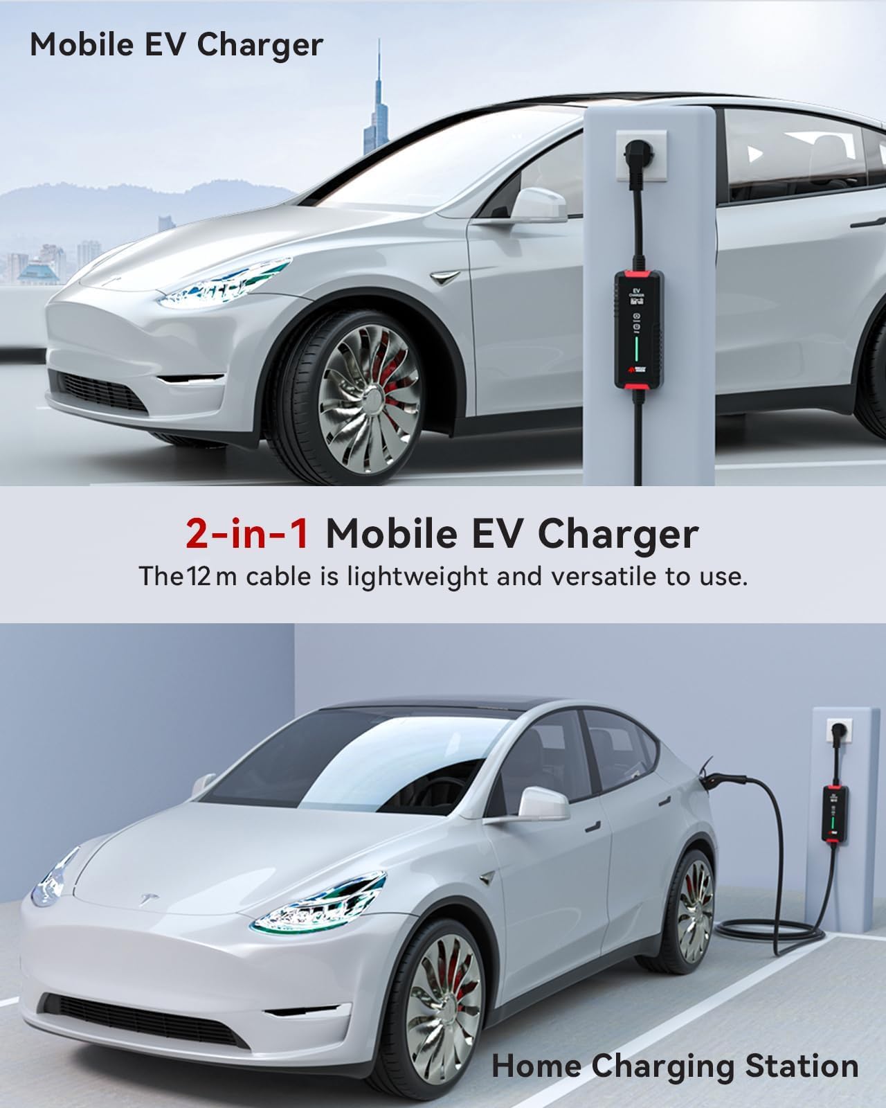 MCEVKELN Cavo di ricarica Schuko tipo 2, 3,6 kW, 12 m, caricabatterie EV tipo 2 Schuko, corrente commutabile 6 A/8 A/10 A/13 A/16 A, monofase, IP65, 12 m, modalità 3, cavo di ricarica per auto