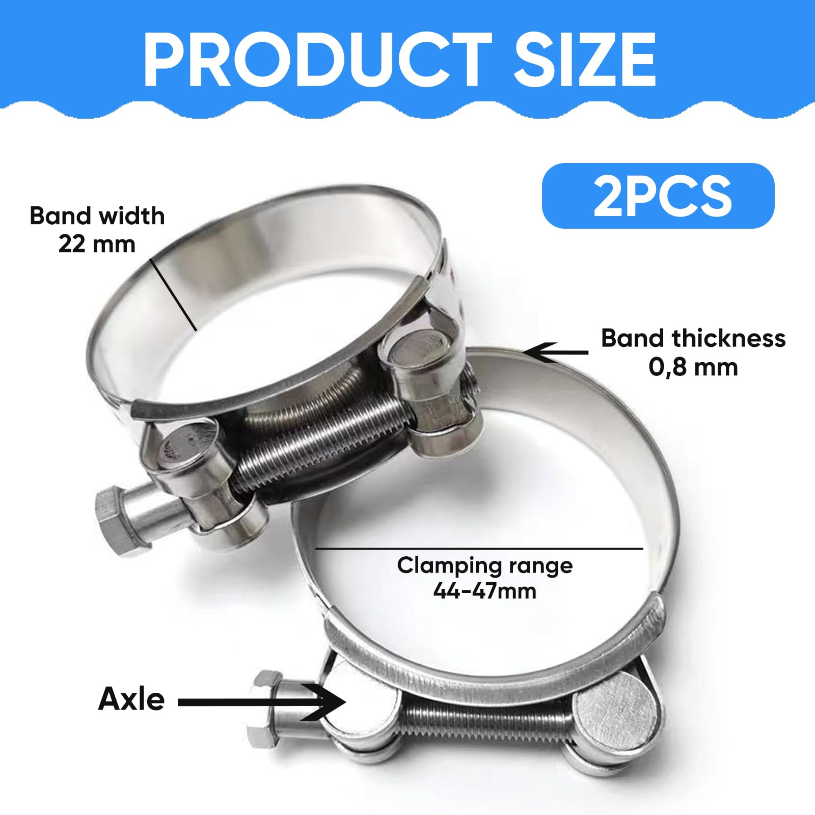 2 Pcs Exhaust Clamp – 2 Pcs 44–47 mm T Bolt Hose Clamps – Heavy Duty Stainless Steel Tube Clamps – Adjustable T Pipe Clips for Water Pipe Gas Automotive Tube — view 2