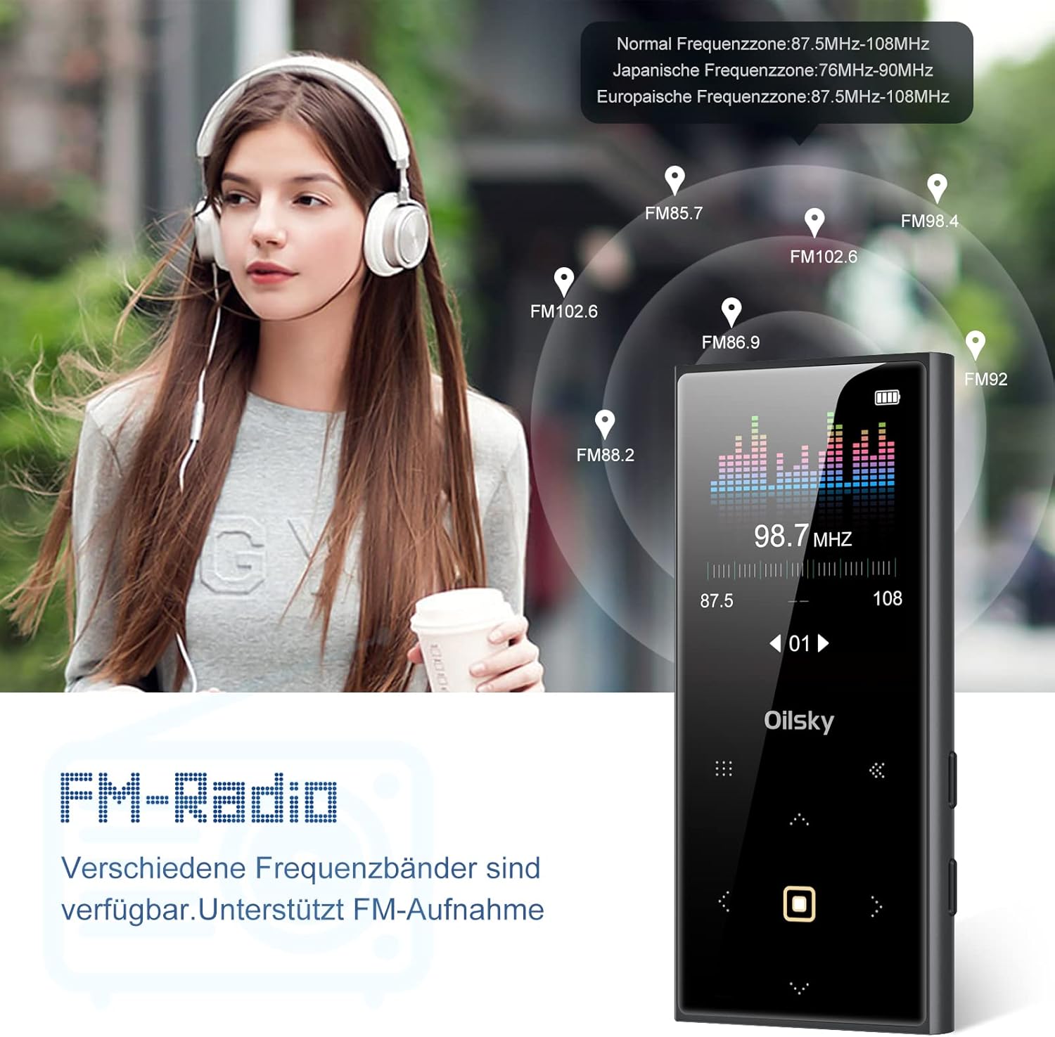 Woman listening to FM radio on the MP3 player, showing frequency display
