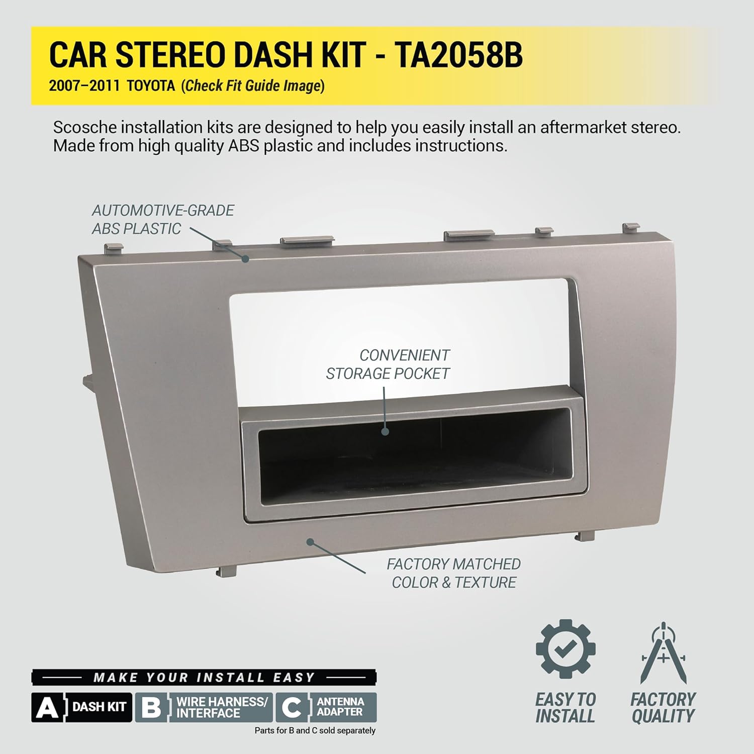 Scosche TA2058B Single or Double DIN Radio Installation Dash Kit Compatible with Select 2007-2011 Toyota Camry - 1 or 2 DIN Aftermarket Car Stereo Install Kit Radio Bracket - See Fit Guide in Images