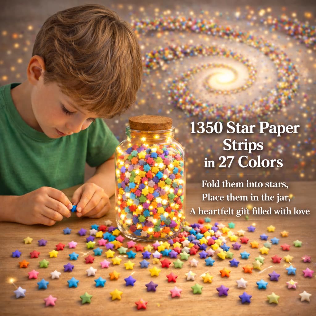 Set de 1750 hojas de papel para origami, 20 colores, 7/10/15/20 cm, con tiras de estrellas