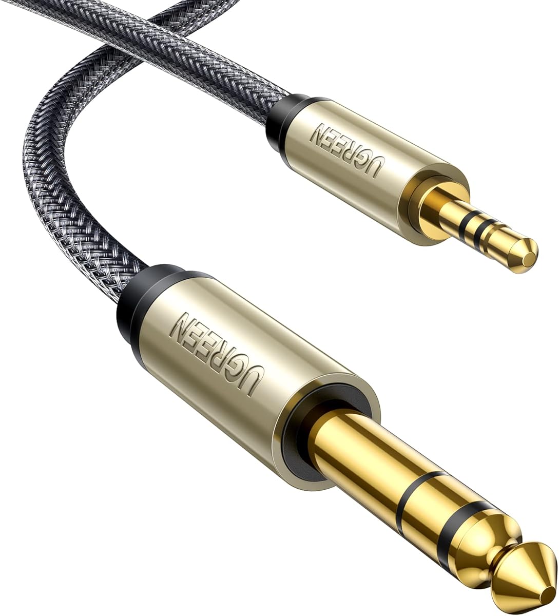 UGREEN 1/8 to 1/4 Stereo Cable 3.5mm TRS to 6.35mm Audio Cable Guitar to Aux Male Cord with Zinc Alloy Housing and Nylon Braid for Guitar, Laptop, Home Theater Devices, Speaker and Amplifiers 6.6FT