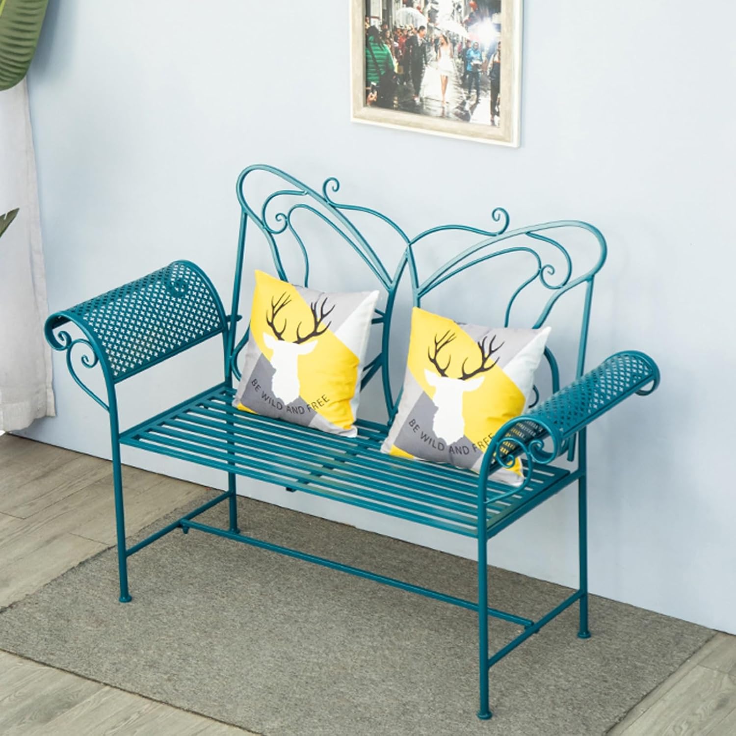 Outdoor Garden Bench, Double Seat Cast Iron Butterfly Design with Backrest & Armrests, Perfect for Patio, Porch, Yard - Durable Metal Furniture (Green)