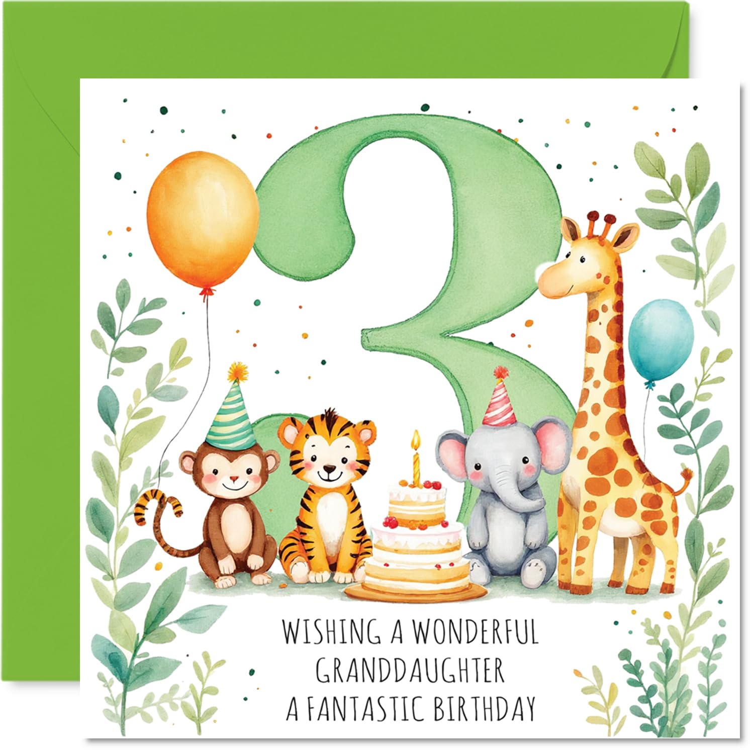 Cute 3rd Birthday Card for Granddaughter - Bursting with Birthday Cheer - Adorable Animals, Cake and Balloons in Bright Colours - 145mm Square, Envelope Included