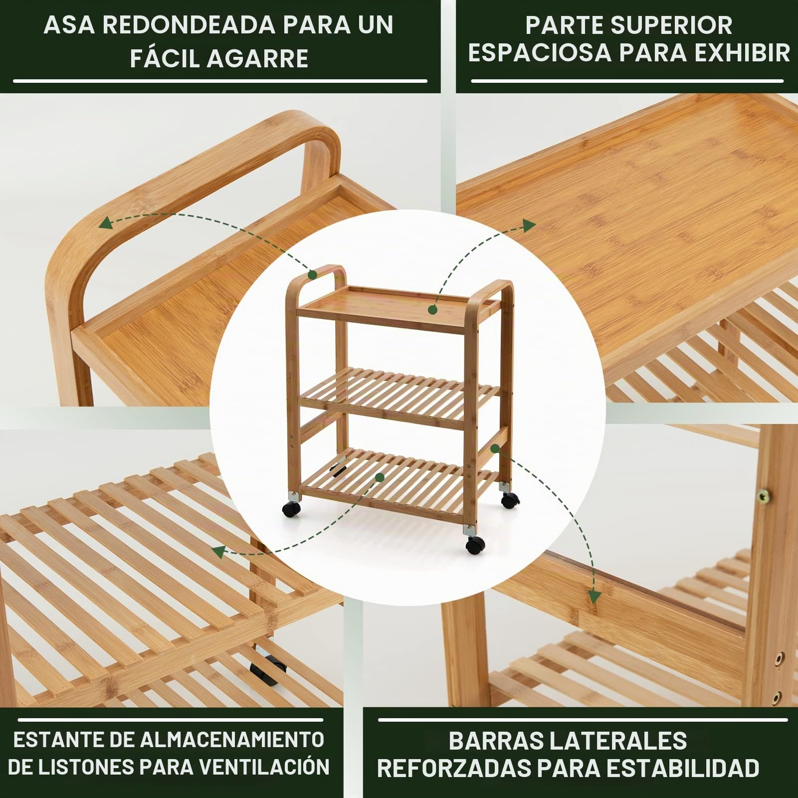 Giantex Carro de Servicio de Bambú, Carrito de Cocina con Ruedas Giratorias, Carrito Auxiliar de Almacenamiento con 3 Estantes, con Asas, Ruedas Extraíbles, para Cocina, Comedor, Salón