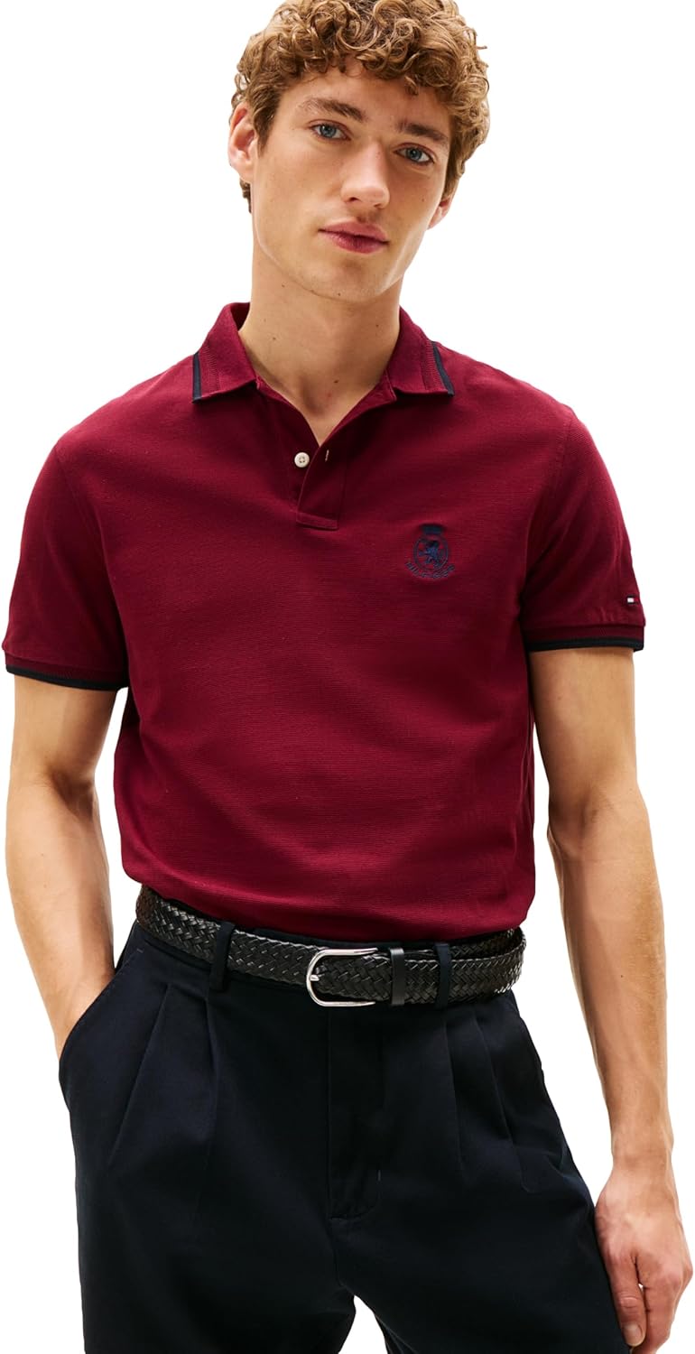 Tommy Hilfiger Men's Short Sleeve Casual Polo Shirts in Regular Fit with Embroidered Crest Design