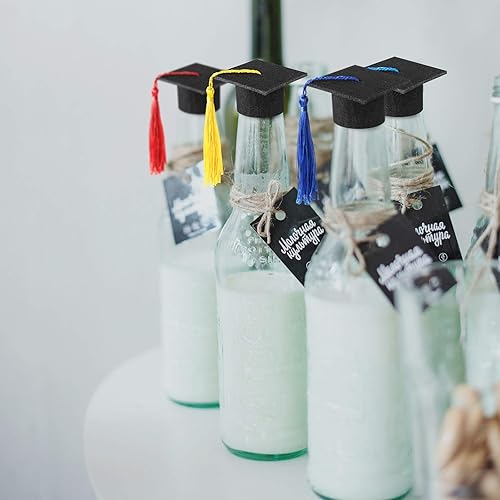 Miniatura 6 de Geiserailie 36 mini gorras de graduación 2024 con borlas para botellas de vino de graduación (gorra negra con borla dorada)