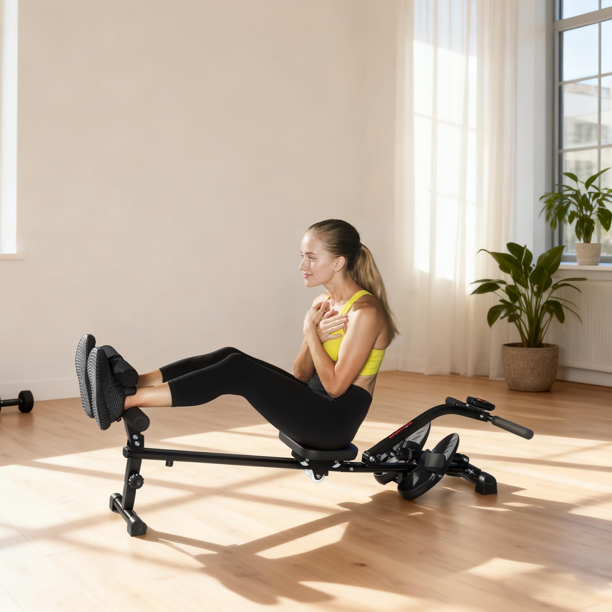 SPORTNOW 2 in 1 Rudergerät für Zuhause leises Rudergeräte mit 12 Widerstandsstufen LCD-Display Sit-up-Funktion Vertikale Lagerung Rudermaschine bis 100kg Heimrudergerät für Heimfitness