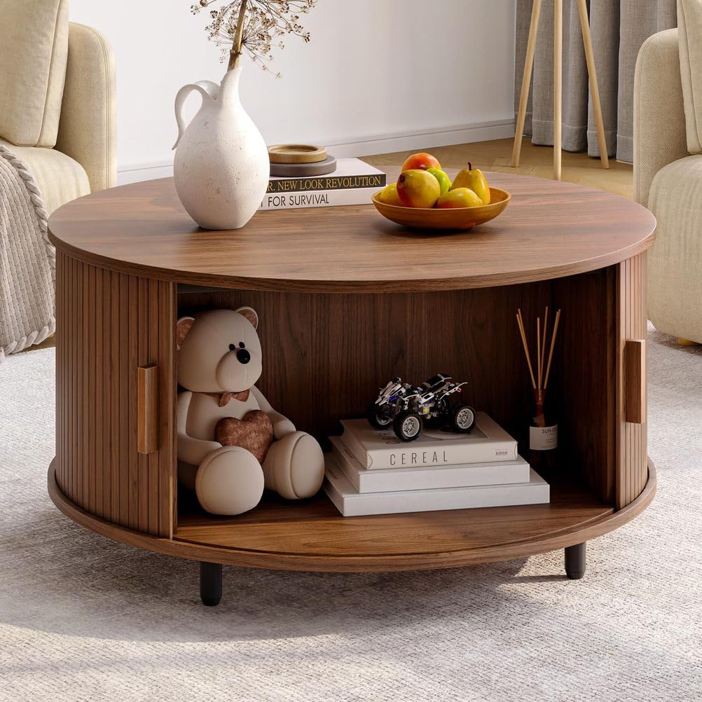round coffee table with storage, 31.5'' modern coffee table with 360° curved sliding door, fluted wood accent coffee table with adjustable footpads