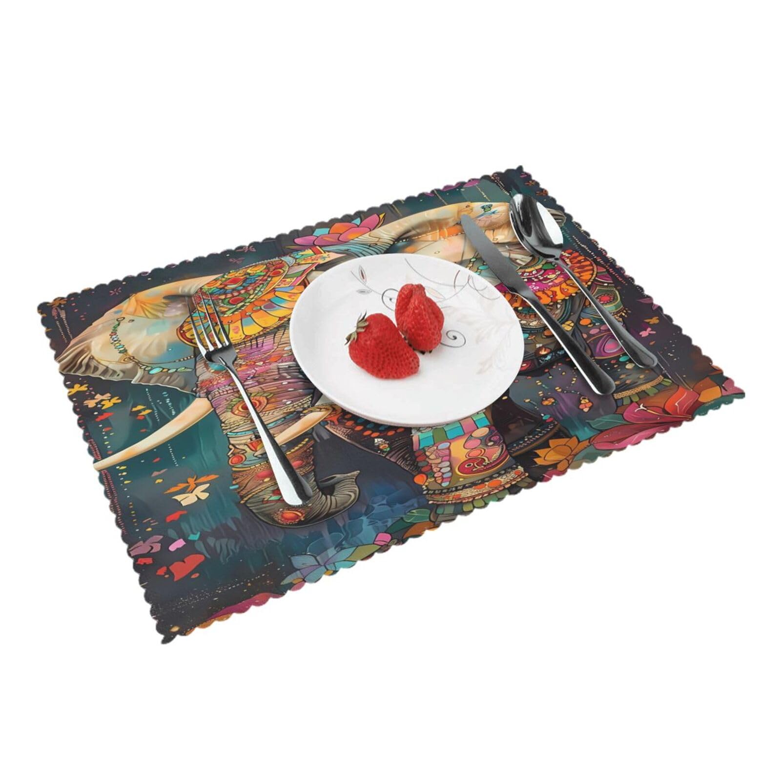 Colorful Ornate Elephant (3) Placemats Set of 4 Print Table Mats Place Mats Table Decor for Kitchen Dining 12X18 in
