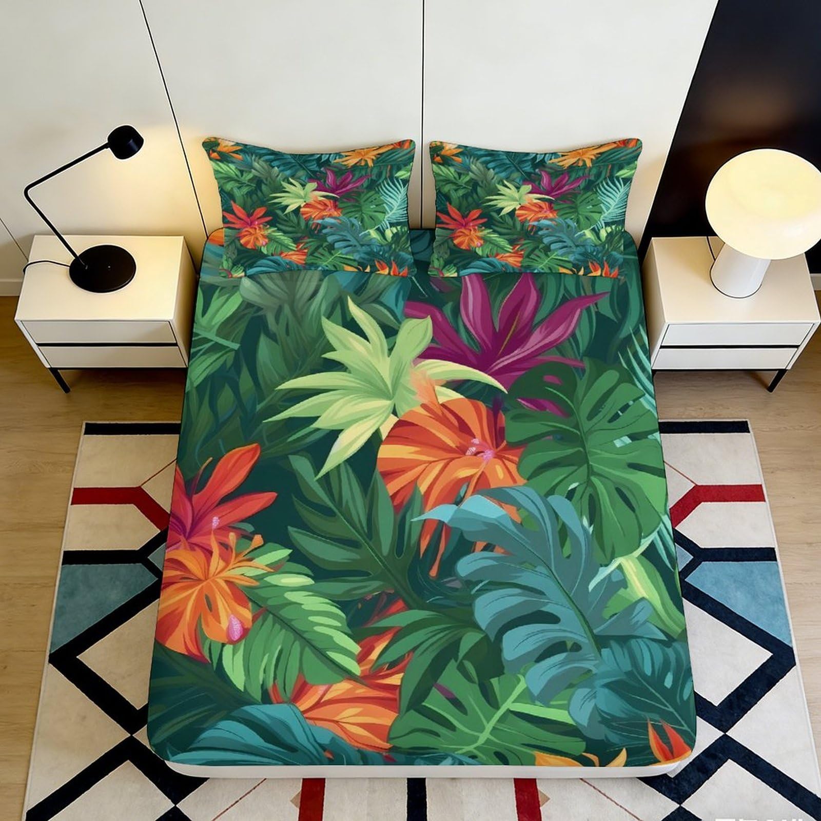 3D Printed Tropical Leaf Fitted Sheet Microfiber Vibrant Jungle Floral Bed Sheet for Bedroom Dorm Mattress Decor 90x200x25cm