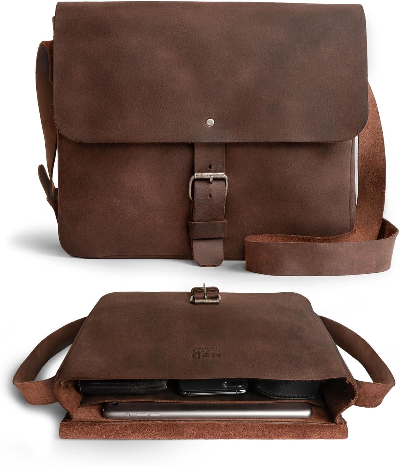 Hide & Drink, Small Messenger Bag, Rectangular Bag with Adjustable Shoulder Strap, Crossbody Bag, Travel Accessory, Full Grain Leather, Handmade, Bourbon Brown