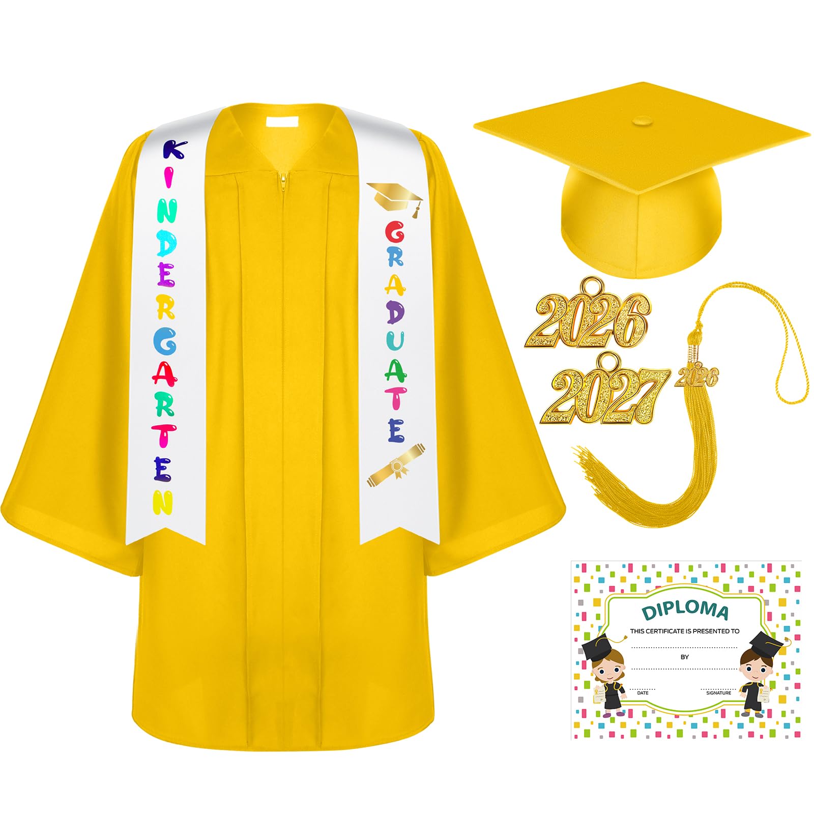 Lasnten Unisex Matte Kindergarten Graduation Gown Cap Tassel Set with 2026/2027 Charm Printed Stole for Kid Grad Gift