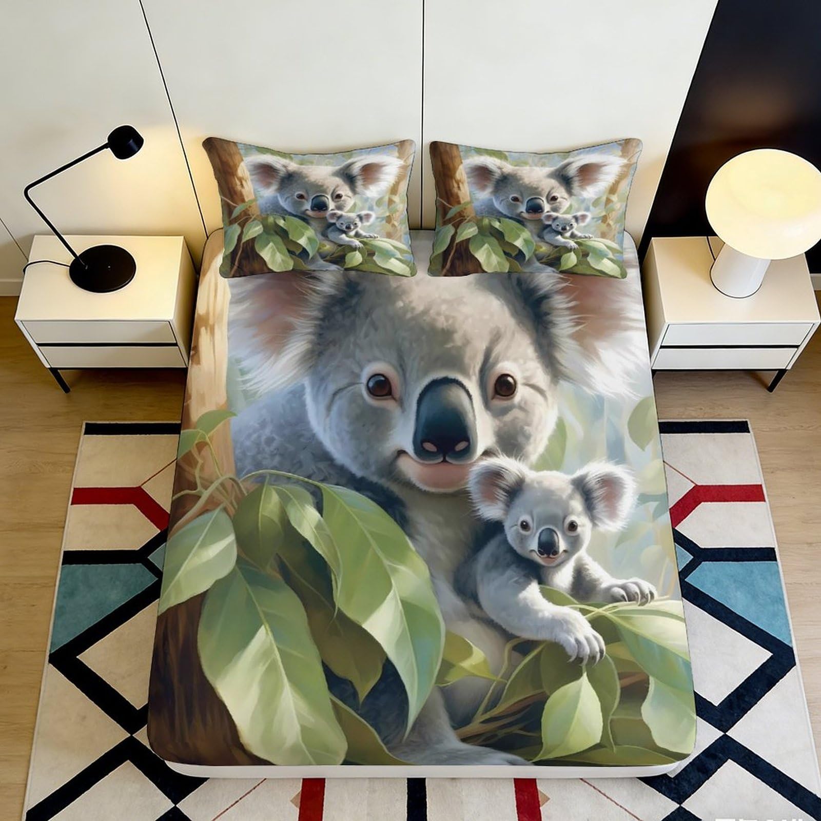 Dhbaneiok Style-7 3D Printed Koala Family Fitted Sheet Microfiber Soft Breathable Eucalyptus Leaves Bed Cover For Bedroom Guest Room Mattress Decor 90X200x25cm