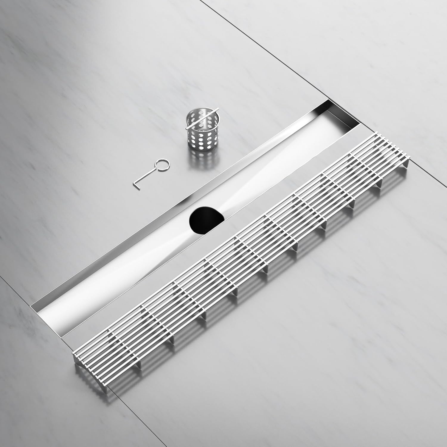 BARONAGE Linear Shower Drain 24 Inch, Brushed Nickel Linear Drains with Removable Wedge Wire Cover, 304 Stainless Steel Rectangle Shower Floor Drain for Bathroom with Hair Strainer