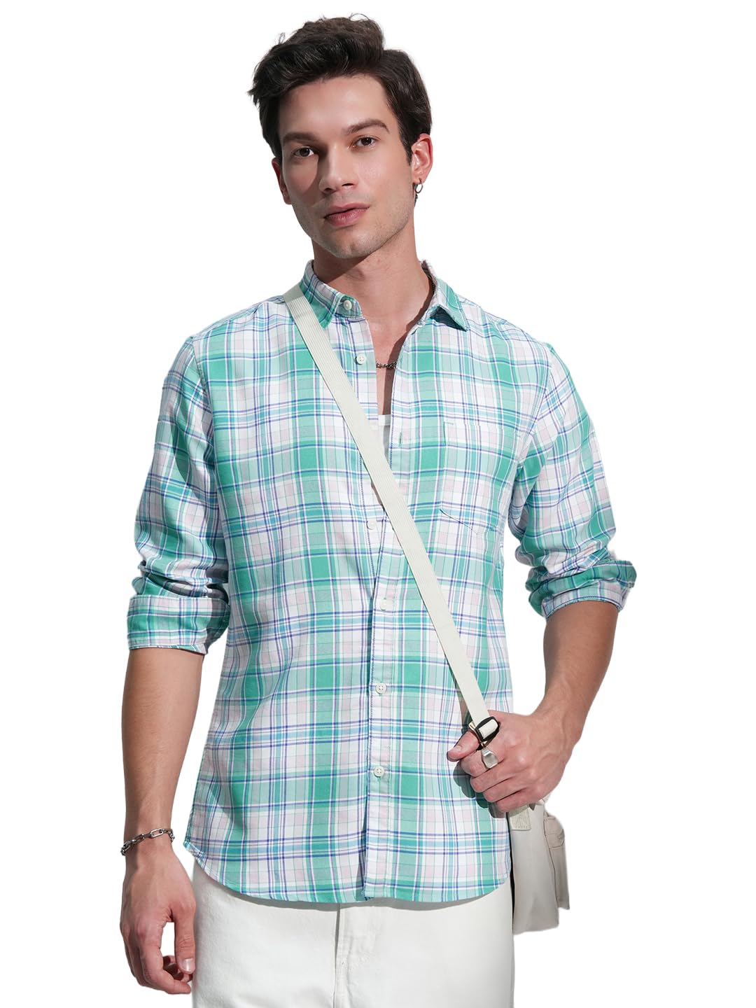 highlander Men's Checkered Slim Fit Shirt (HLSH015305_White/Mint Green-picture-42
