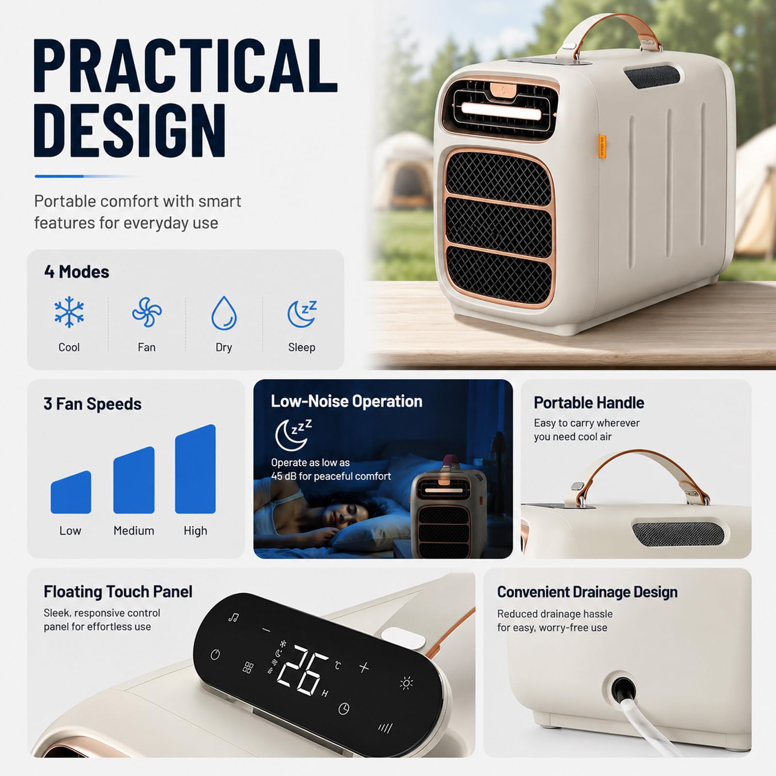 Condizionatore Portatile Campeggio 5000BTU Solo Freddo Camper 8-10m² AC | Raffreddamento Rapido Piccole Stanze | Flusso D'Aria Costante Caldo | Controlli Touch Semplici Maniglia Trasporto