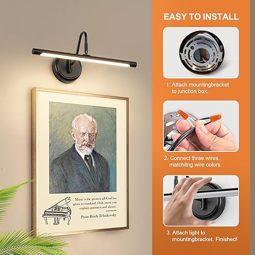 Miniatura 8 de JOOSENLUX Luces de imagen para pinturas cableadas de 16.5 pulgadas de largo, regulables, luces de pared negras con dirección de iluminación