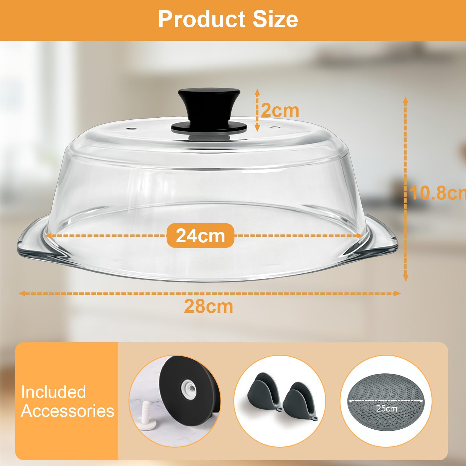 Cubierta de Vidrio para Tapa Microondas para Alimentos: Protector Antisalpicaduras con Asas de Silicona & Alfombrilla de Silicona-Tapa Microondas Cristal con Doble Orificio de Ventilación-Para Platos
