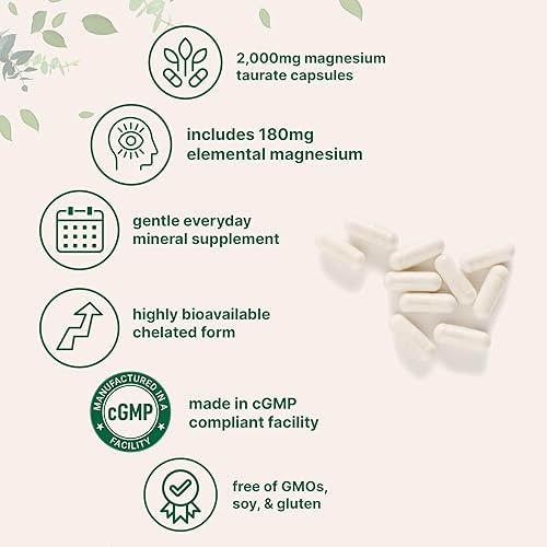 Miniatura 3 de Taurato de magnesio 2,000 mg, 240 cápsulas  Suplemento de magnesio quelado altamente biodisponible  Suplementos minerales para hombres y mujeres