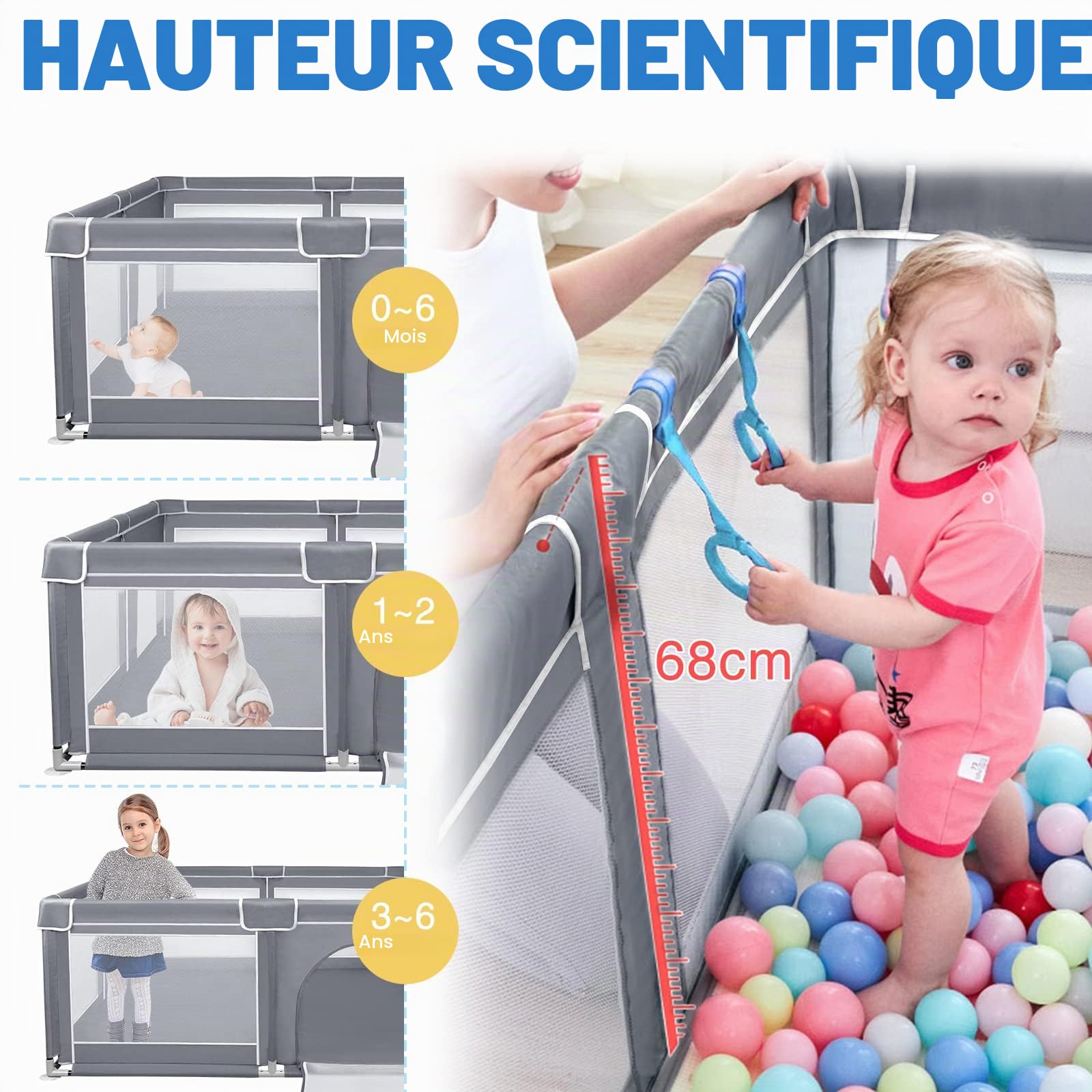 ACXIN Parc pour bébé - 150 x 180 x 68 cm - Avec base antidérapante et filet respirant - Grille de barrière stable - Centre d'activité pour enfants - Gris
