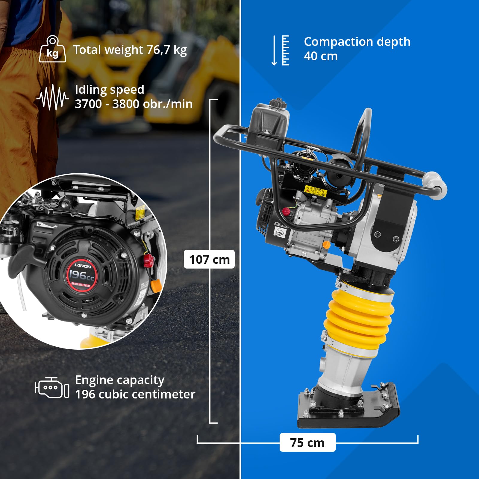 MSW Pilonneuse thermique - 34 x 28 cm - 10 kN, 450-650 coups/min, moteur Loncin de 6,5 ch, cadre anti-vibration, roues intégrées, dameuse plaque vibrante, compacteur de sol