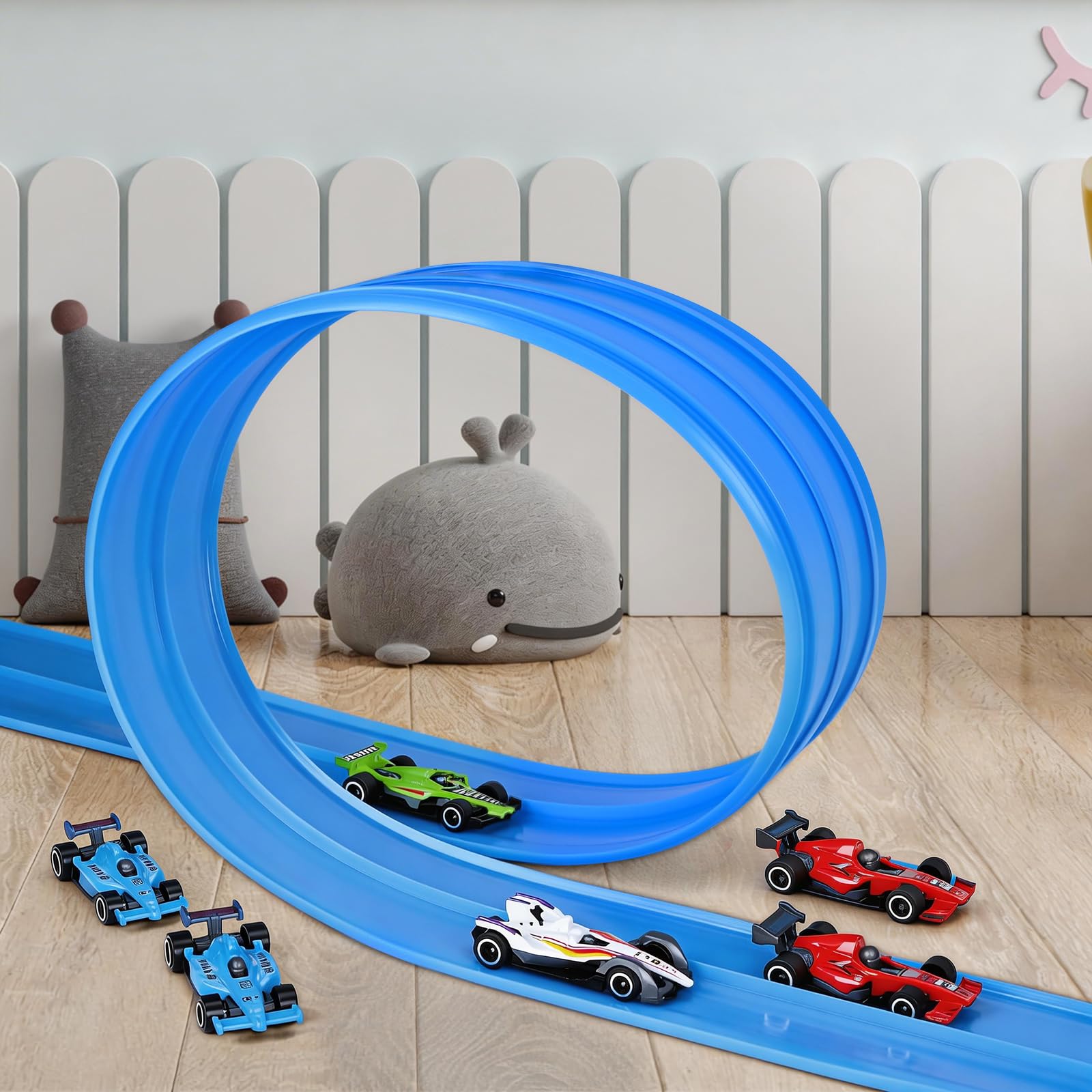 Circuit Voiture Flexible, 4M Circuit Voiture Enfant Jouet avec Voies Doubles et 1/64 Formule Course Piste de Course Flexible avec Ventouses Piste de Voitures Enroulable Cadeau Garçons Filles