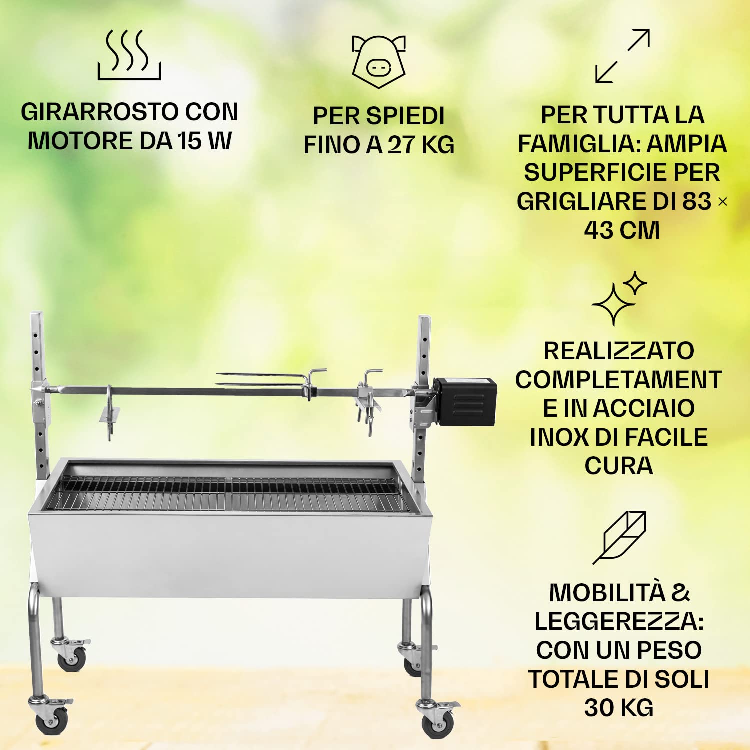 oneConcept 2-in-1 Kit Arrosto e Barbecue Elettrico Portatile, Barbecue Grill con Ruote e Posacenere, Barbecue con Griglia in Acciaio Inossidabile da Giardino, Barbecue da Terrazzo, Campeggio, Balcone