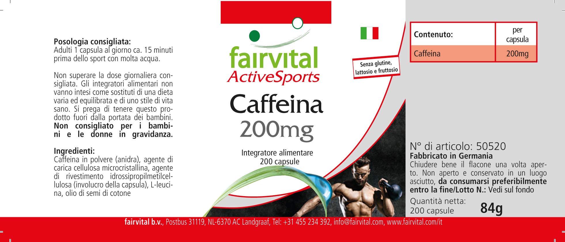 fairvital Capsule di caffeina, 200 capsule ad alto dosaggio da 200 mg ciascuna, facili da deglutire, VEGANE