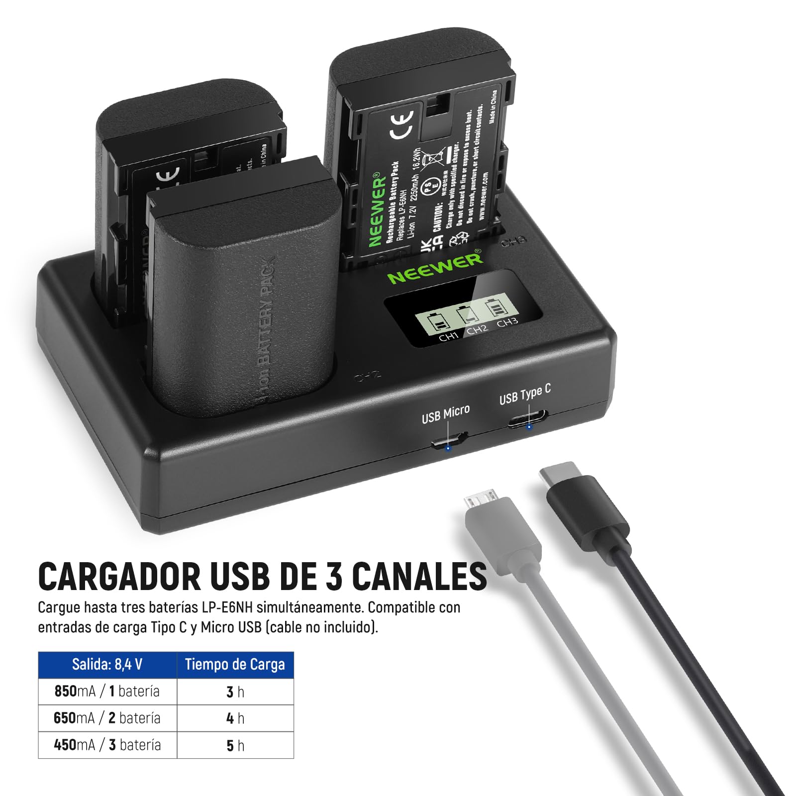 NEEWER LP-E6NH 3 Baterías Repuesto & Cargador USB Set, 3 Paquete 2250mAh para LP-E6NH con Cargador USB Triple Ranura, Paño Limpieza, Compatible con Canon EOS R7 R5 R6 R6 II R 5DIV 6DII 7DII 80D