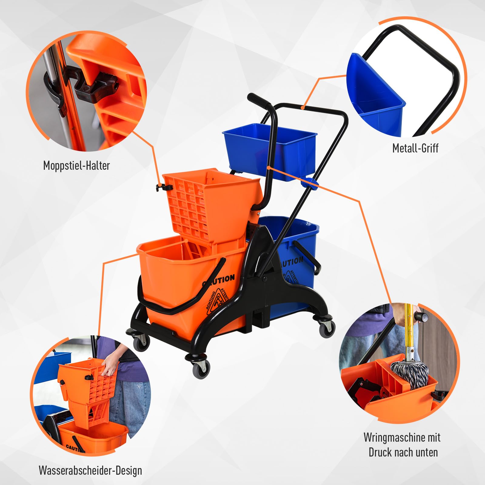HOMCOM Putzwagen Reinigungswagen 26 Liter Wischwagen mit Wischmopp-Presse Orange