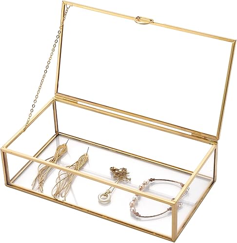 Caja de recuerdo de cristal vintage dorada de 7.8 pulgadas Caja de cristal con tapa de vidrio decorativo para exhibición, caja rectangular