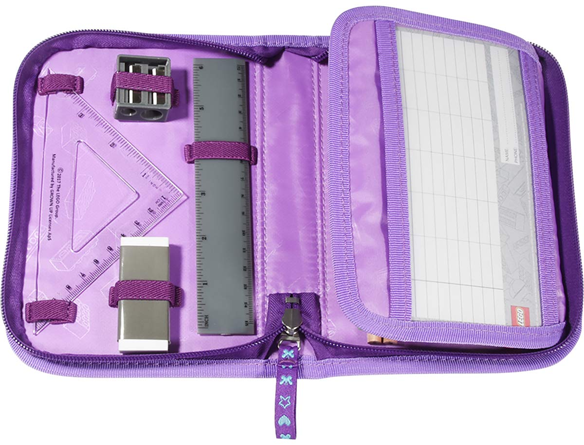 LEGO Bags Federmäppchen Friends, Federmappe 20 teilig gefüllt, Federtasche mit LEGO Motiv, Stiftebox lila, Schüleretui mit Inhalt, Schul Etui mit Namensfeld, Stundenplan, Lineal und Anspitzer