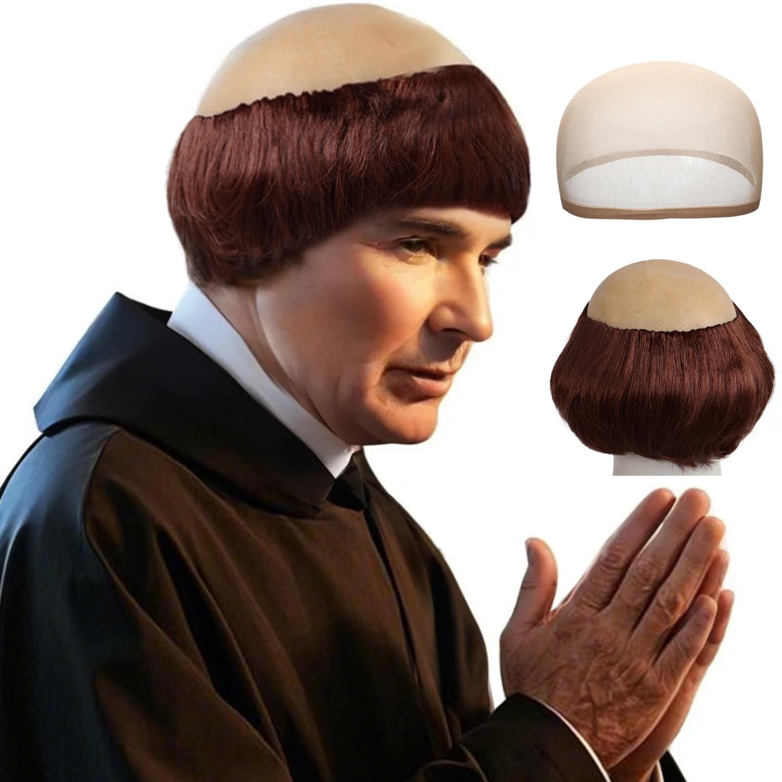 JoneTing Monk Wig Funny Wigs for Adults Brown Ugly Wigs for Men Short Browned Bald Wig for Friar Costume Man Cosplay Red Brown Funny Hair for