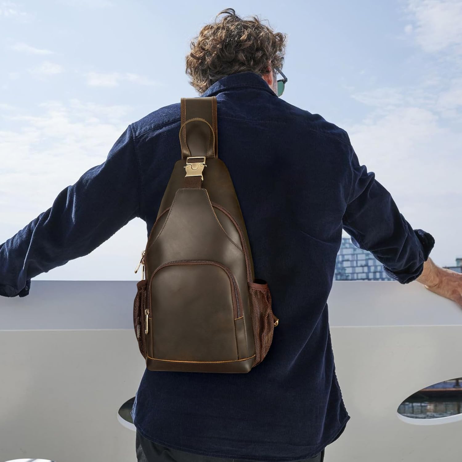 Polare Full Grain Cowhide Anti Theft Chest Shoulder Bag Vintage Sling Crossbody Casual Daypack for Daily Travel Hiking Outdoor Sports - Image 3