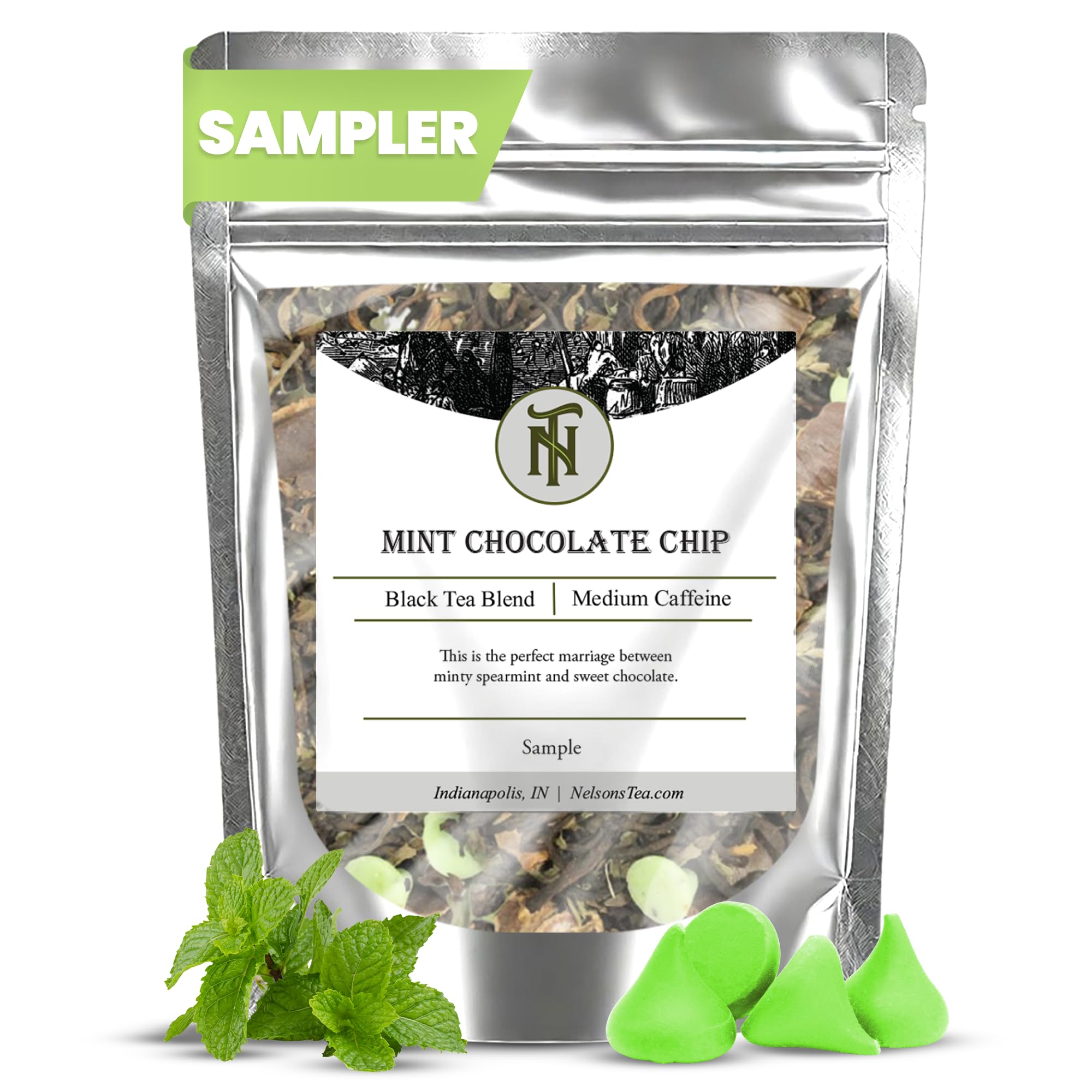 Nelson's Tea - Mint Chocolate Chip - Black Loose Leaf Tea - Pu-erh black tea, spearmint leaf, carob bean pods, mint chocolate chips, and natural