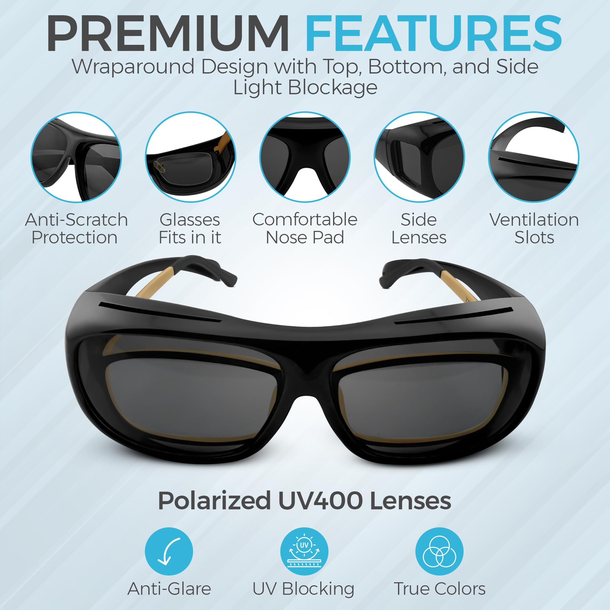 Lunettes de soleil polarisées pour chirurgie de cataracte - Lunettes de protection intégrale UV400 - S'adapte sur les lunettes - Anti-éblouissement, légères et durables