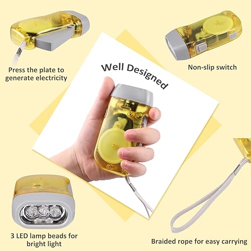 Miniatura 6 de Paquete de 4 linternas de emergencia con manivela, no requiere batería, 3 luces LED brillantes, linterna de cuerda portátil para campamento,