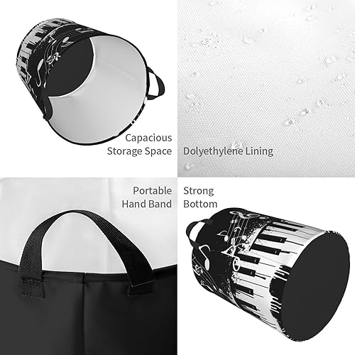 Miniatura 4 de Cesta de lavandería plegable redonda independiente compatible con teclas de piano blanco y negro con notas musicales, cesta de lavandería