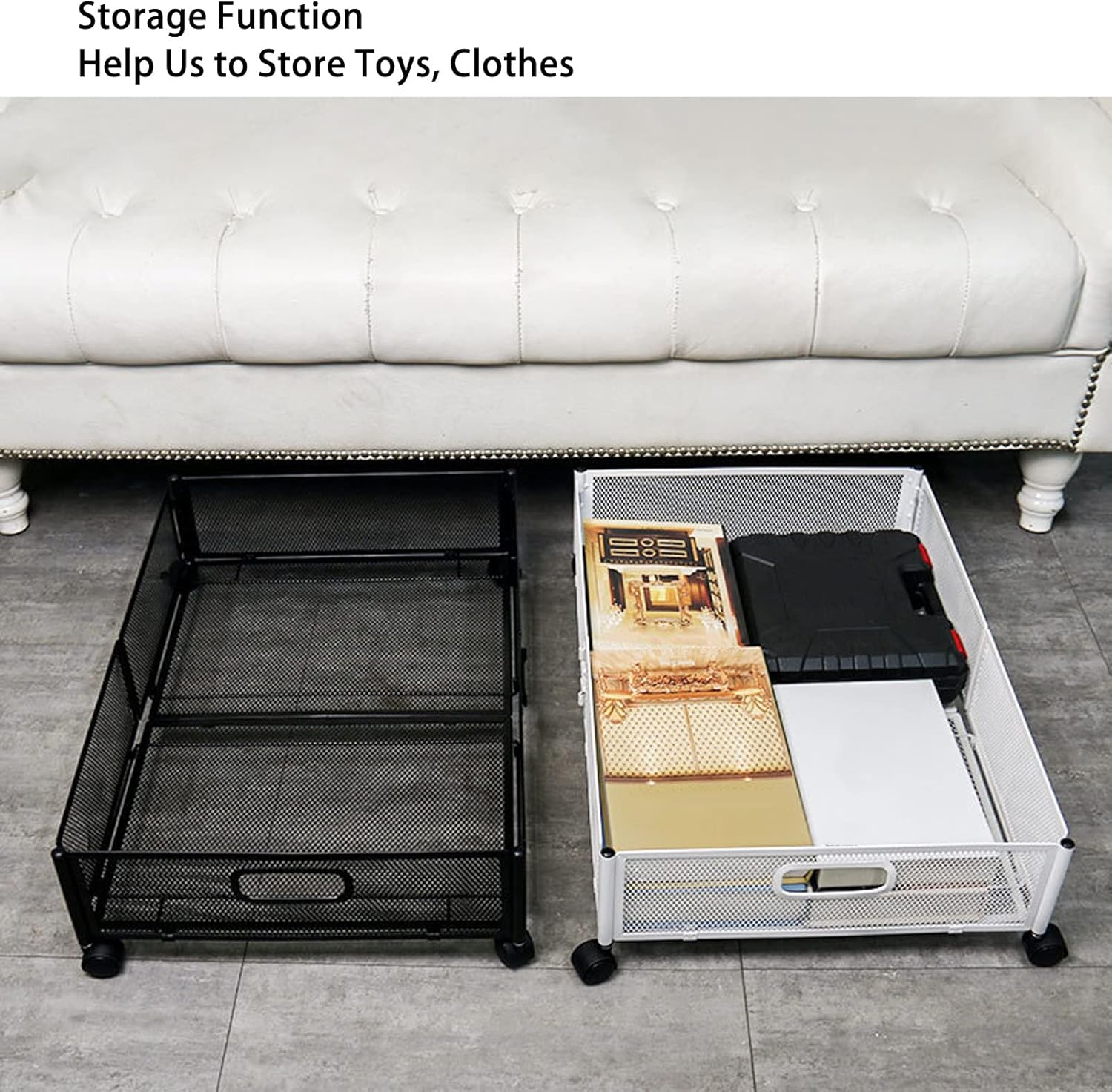 CDQL Under Bed Storage Containers with Wheels, Grid Pattern, Pull Out Type, Detachable, Metal Under Bed Shoe Storage Drawer for Clothes, Toy (Black)