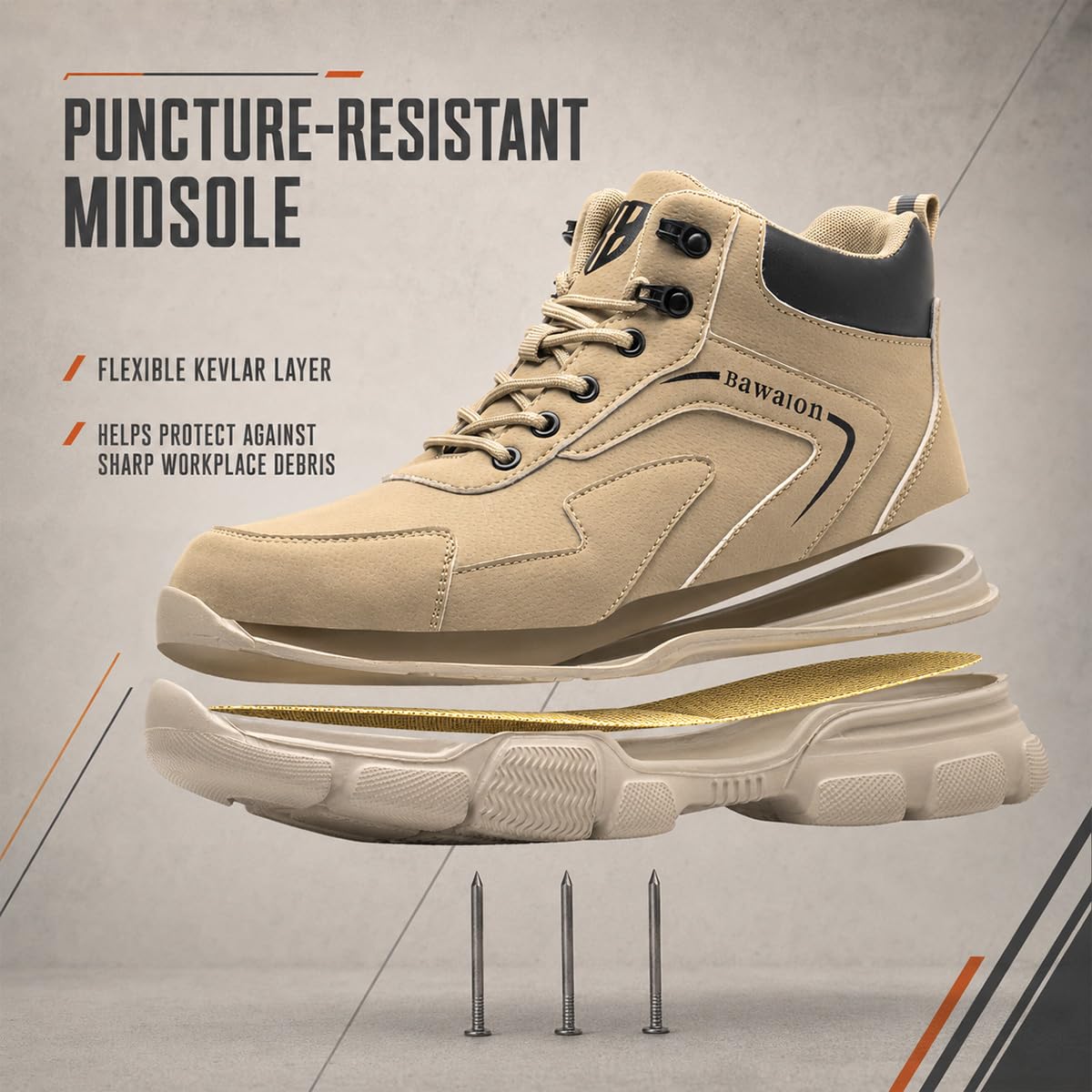 Nasogetch Buty ochronne męskie buty robocze damskie stalowe noski buty lekkie buty ochronne wygodne, Khaki, 38.5 EU