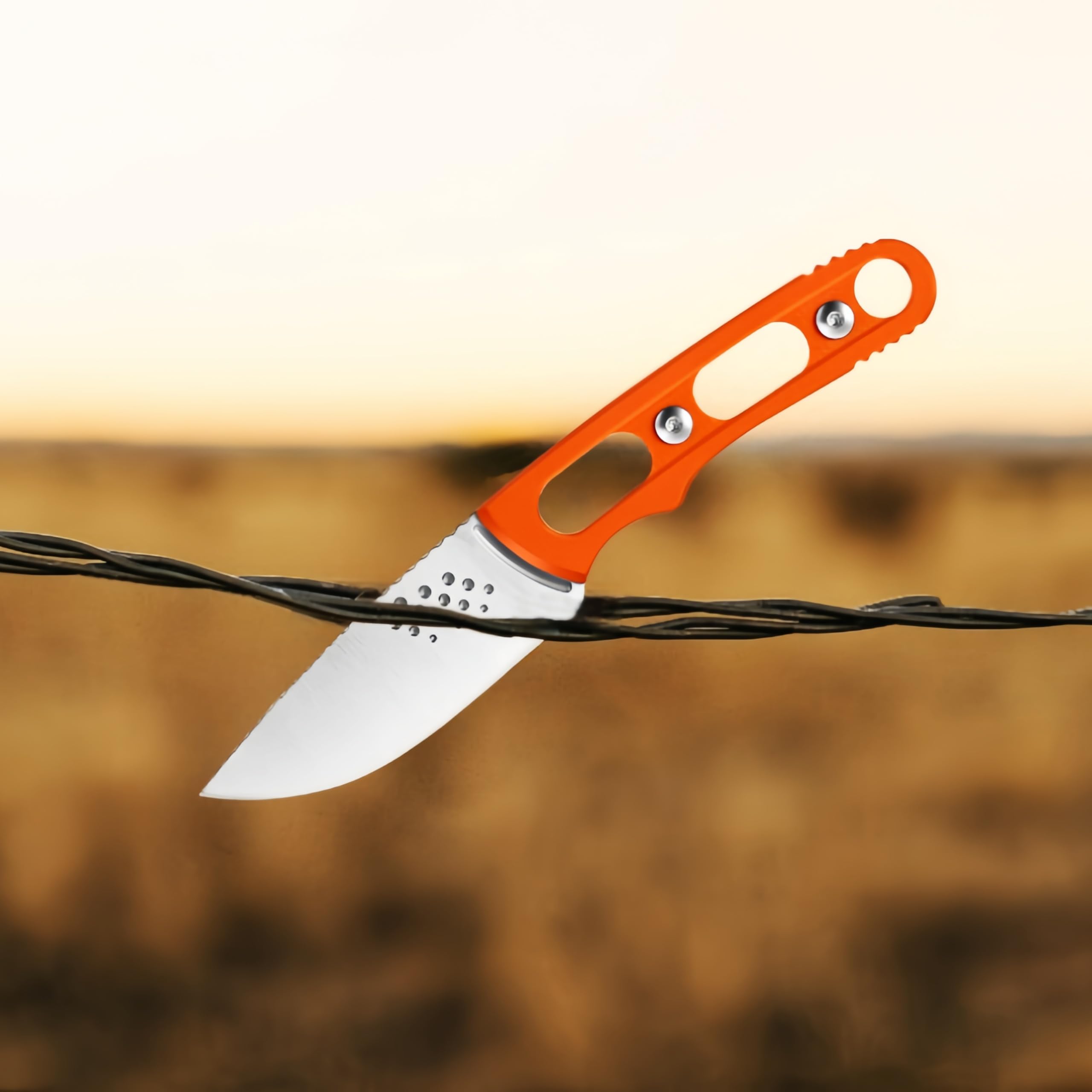 Coltello a lama fissa compatto leggero con fodero in pelle di vacchetta - Ideale per scuoiare, campeggio, attività all'aperto - Coltello a lama fissa EDC Bushcraft (Arancione)