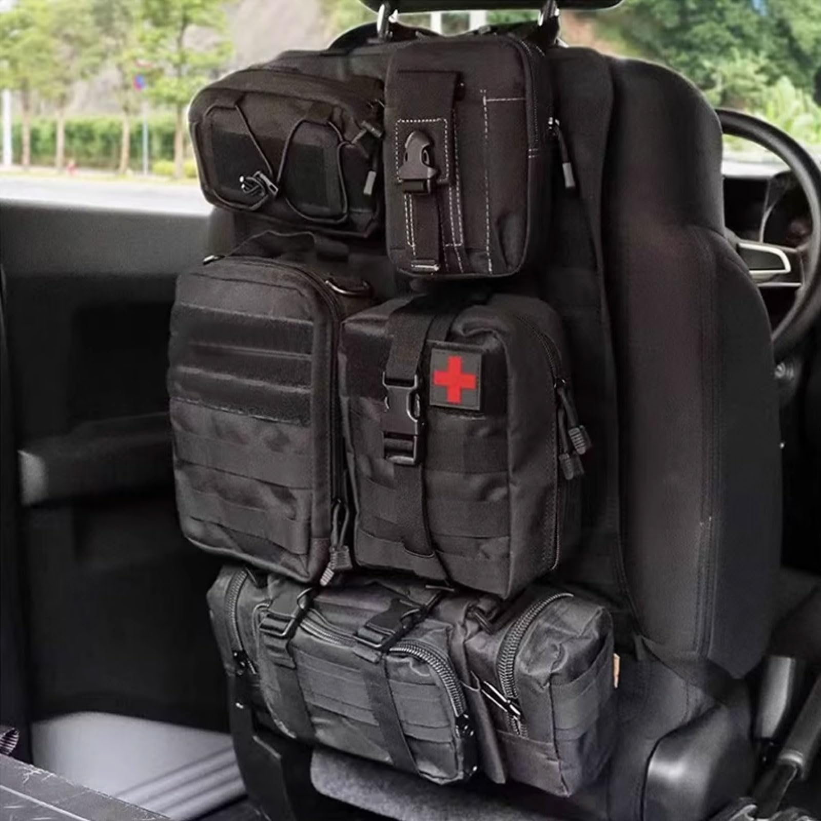 Universal Tactical Car Seat Back Organizer with 5 Detachable Molle Pouch, Tactical Vehicle Panel Back Seat Organizer Vehicle Protector Molle Pouch Molle Pouches Truck for Men Car Truck Ford Jeep