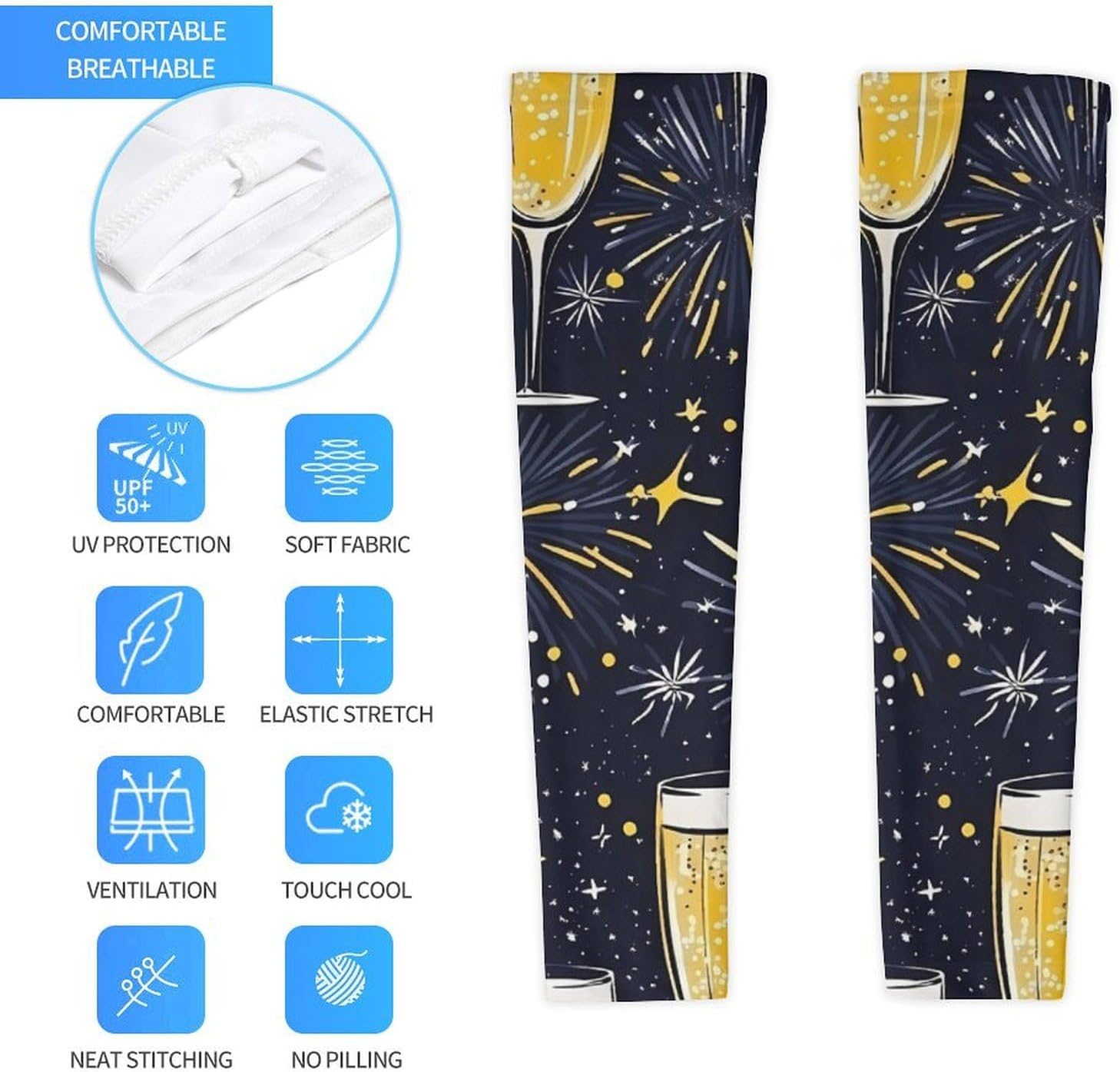 Sparkling Champagne Glasses Firework Arm Sleeves Cooling Sun Protection Sports Compression for Golf Basketball