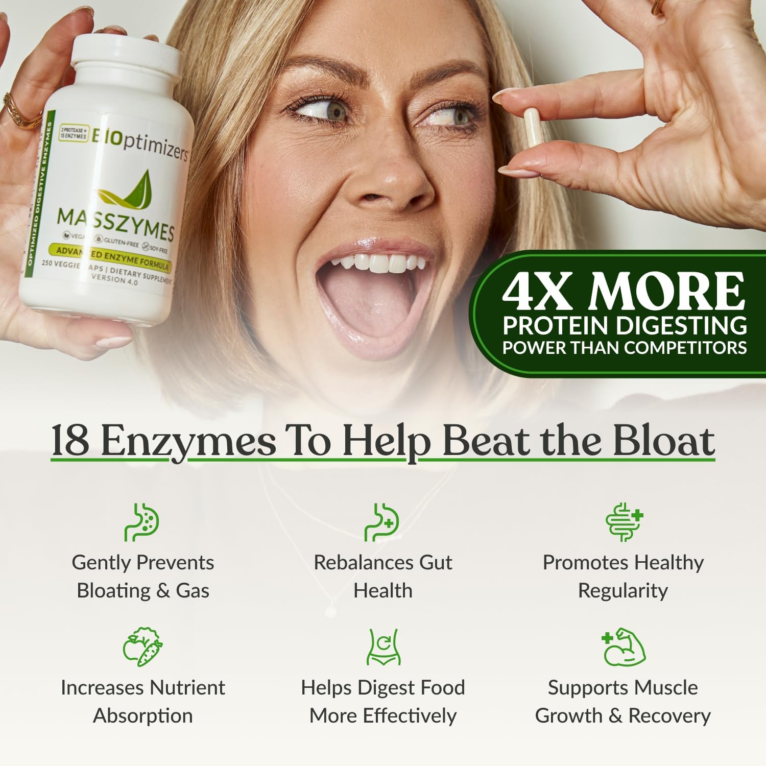 BIOptimizers MassZymes - Complete Digestive Enzymes Supplement for Gut Health - Bloating Relief for Men and Women - Lipase Amylase Bromelain Digestive Enzymes (120 Capsules)