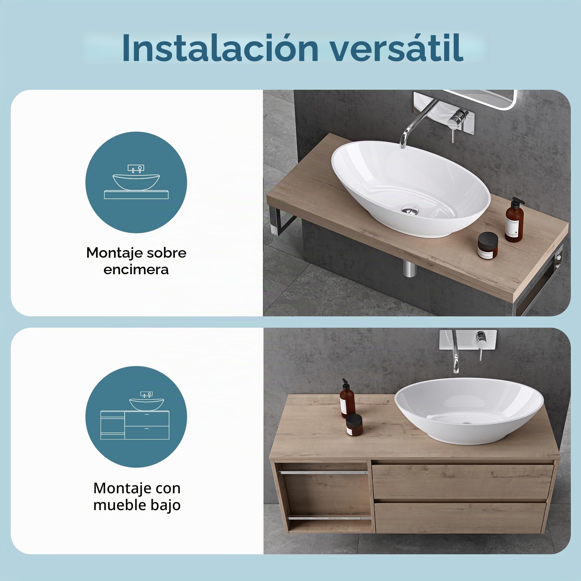 doporro Lavabo Sobre Encimera 63x34x17 cm, Blanco Brillante, Col807