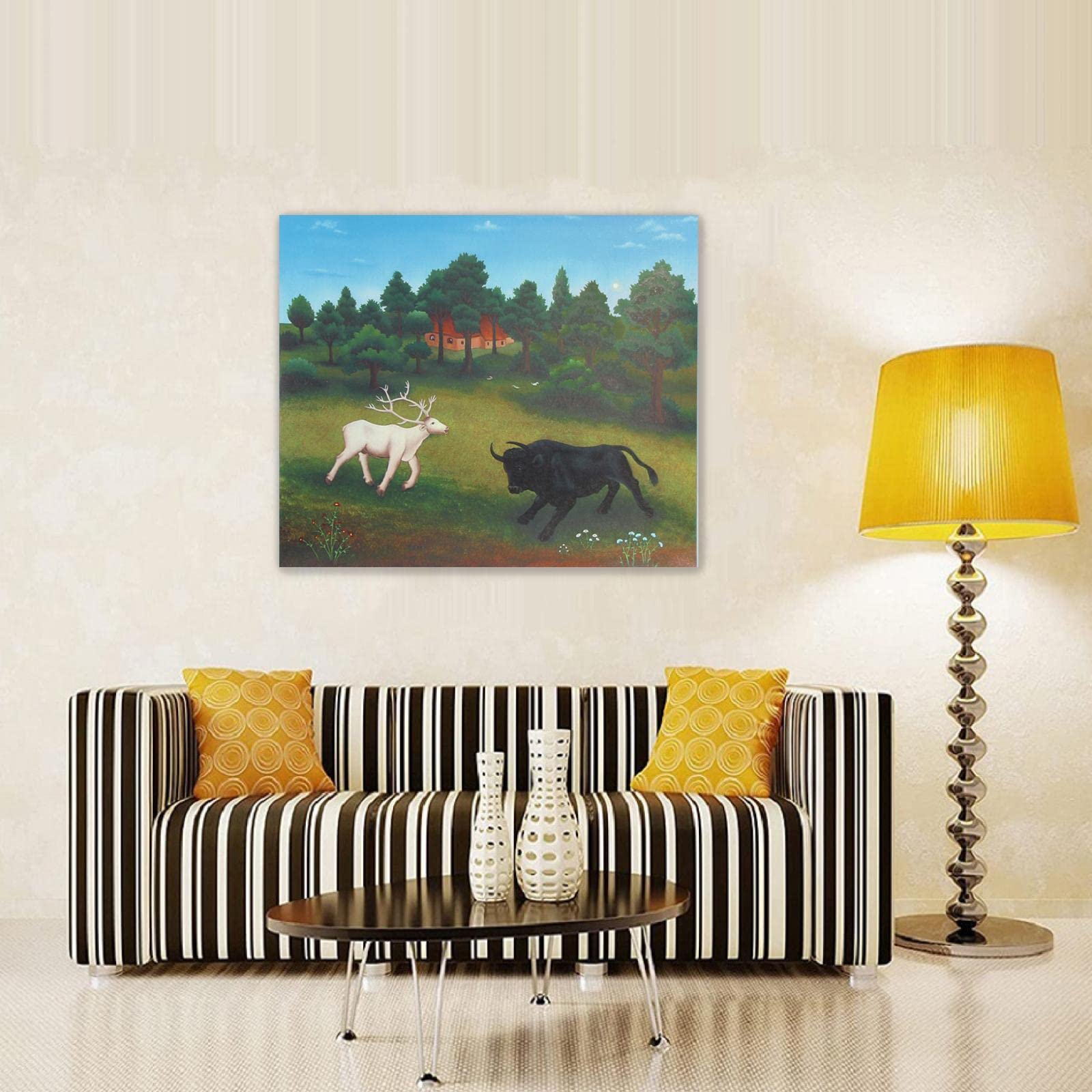 Ivan Generalic Reproducciones de pinturas en lienzo Carteles e impresiones listo para colgar famosos Cuadro de arte de pared (Ciervo Blanco y Toro) 50x60cm(20x24in)Enmarcado